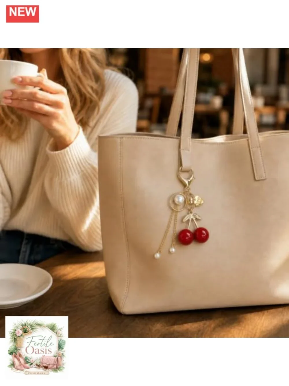 Cherry Bag Charm Keychain with Pearl Tassel Love Heart Purse Charm